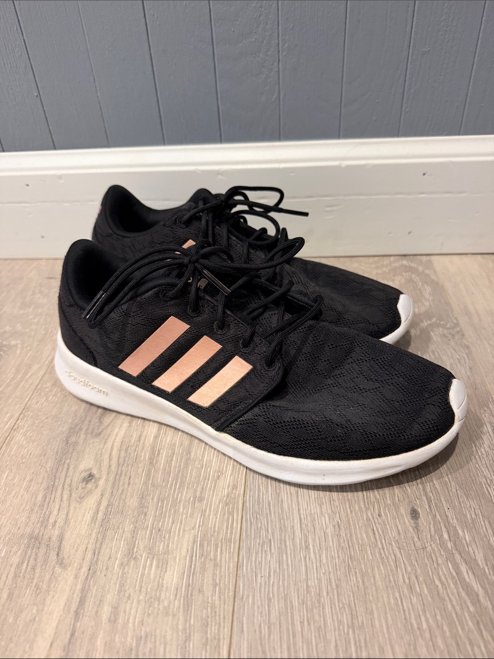adidas Women’s Black Sneakers with Rose Gold Stripes